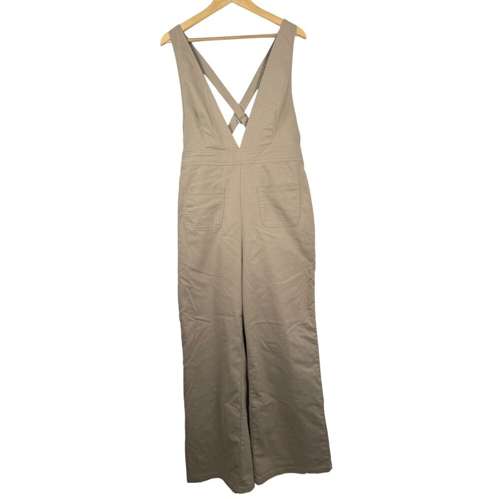 Sincerely Jules plunge‎ halter wide leg Jumpsuit lagen look tan sz M